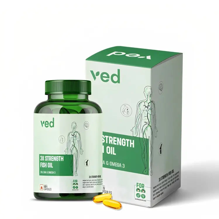 Vedayu 3X Strength Omega-3 Fish Oil Capsules With EPA 495 mg, DHA 330 mg | Prebiotics Flora | 1400 mg Fish Oil | 30,60,90 Softgels Vedayu
