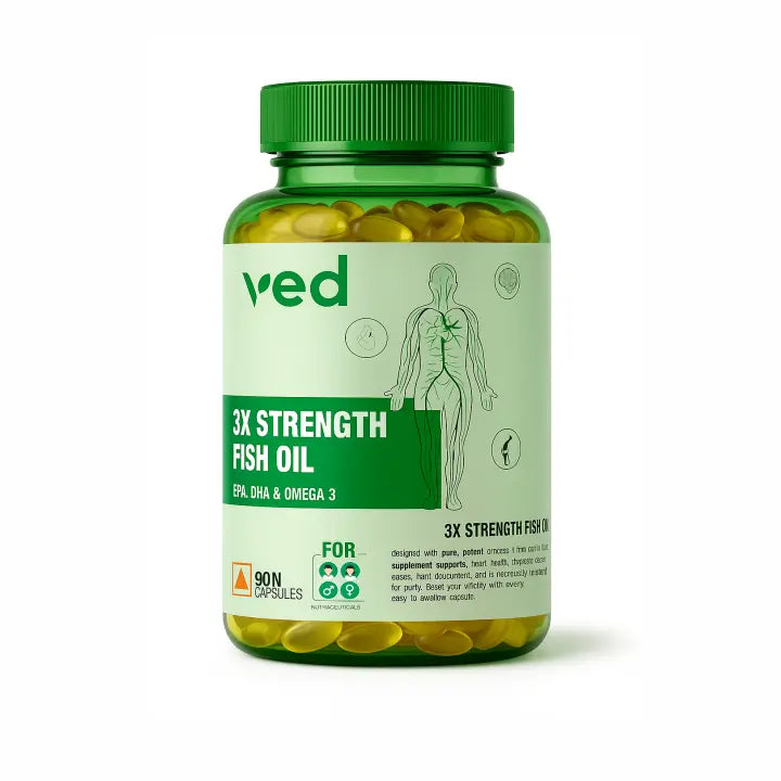 Vedayu 3X Strength Omega-3 Fish Oil Capsules With EPA 495 mg, DHA 330 mg | Prebiotics Flora | 1400 mg Fish Oil | 30,60,90 Softgels Vedayu