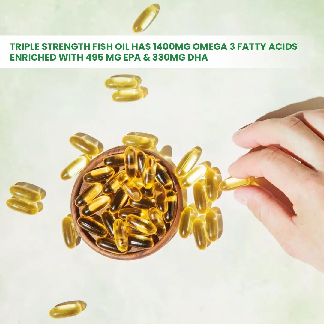 Vedayu omega-3 fish oil capsules high strength fish oil omega-3 supplement fish oil EPA DHA 1400mg in a bowl