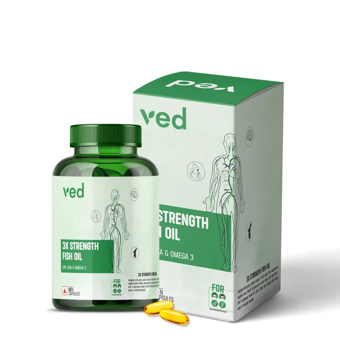 Vedayu Omega-3 Fish Oil Capsules high strength fish oil with 1400mg EPA DHA supplement in green bottle